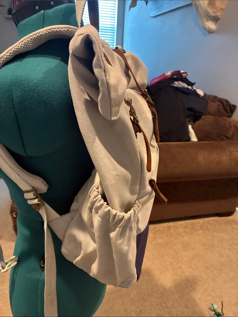 Canvas Roll-Top Backpack with Brown Leather Straps and Navy Pocket